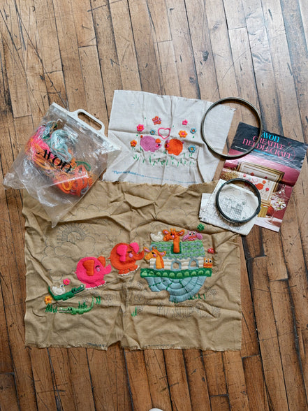 Vintage Avon Creative Needlecraft Crewel Embroidery Kits, Noah's Ark & Piglets and Posies, Started, Set of 2 with Hoops & Yarn