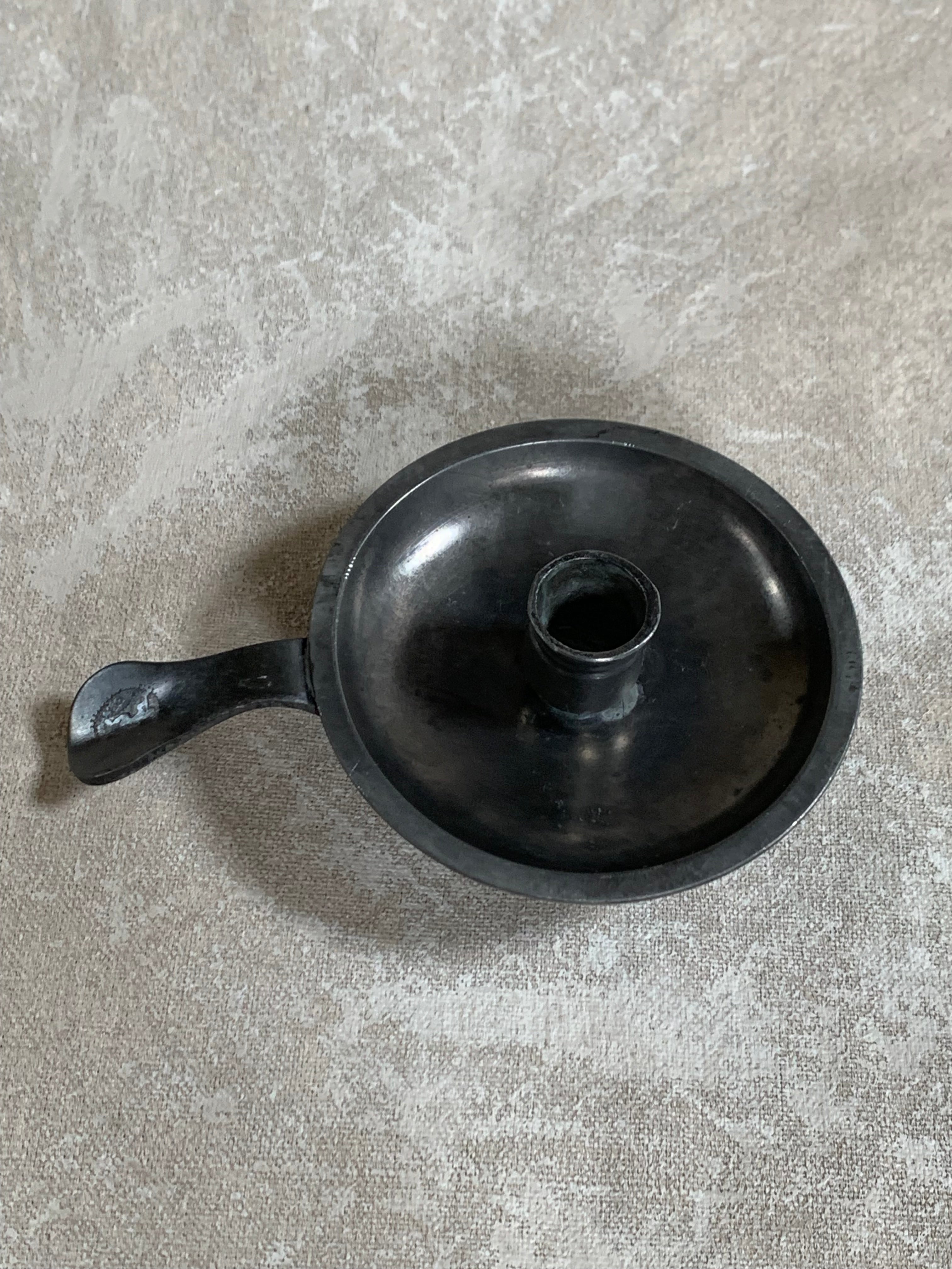 Antique Pewter Chamber Candlestick | Paddle Handle | Drip Tray | Struck Touch Mark | Taper Candle Holder | Colonial Style | American or English Pewter