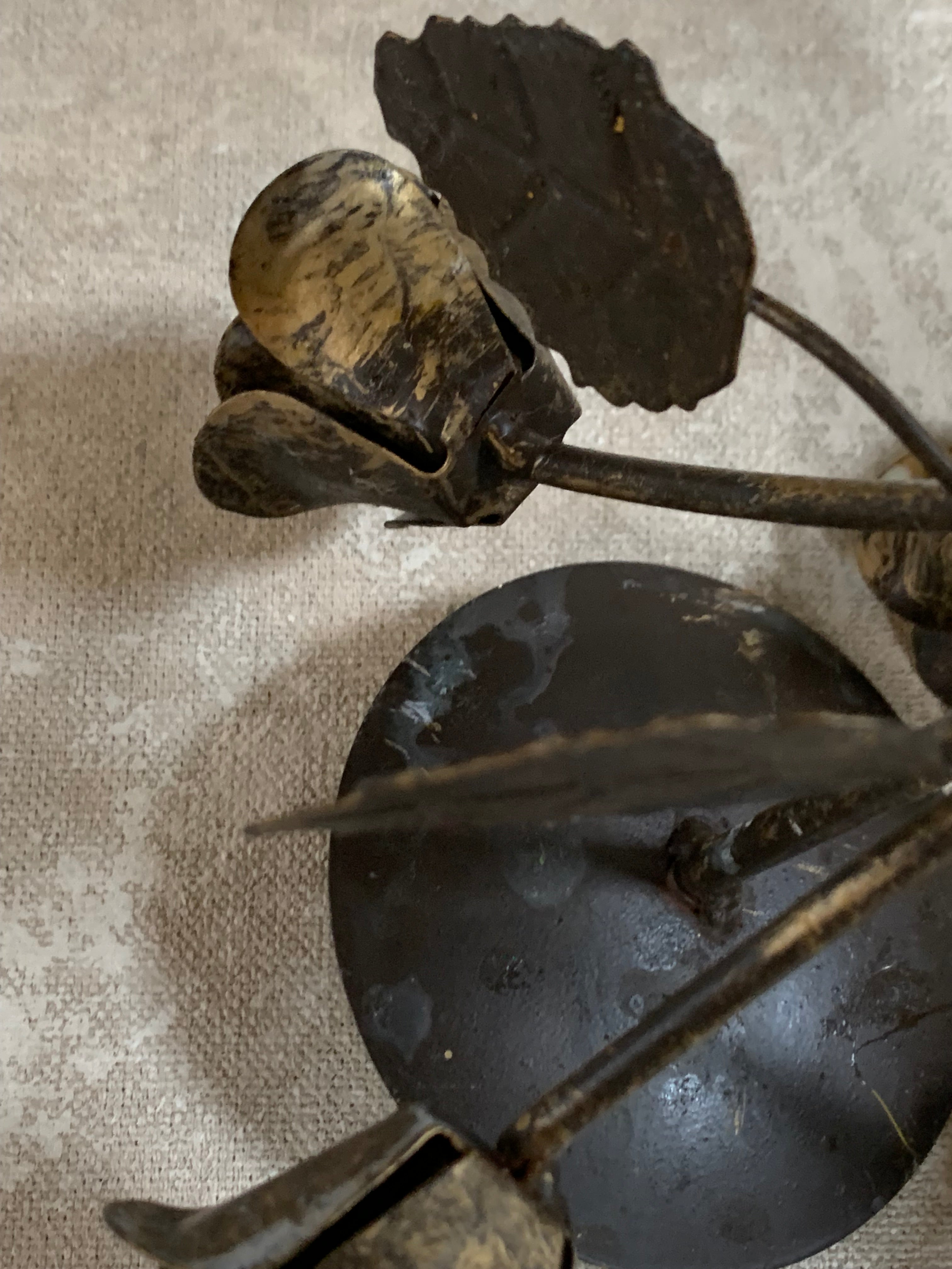Hand-Fabricated Iron Rose Candleholder | Pillar Candle Spike | Tripod Bouquet Base | Wire-Wrapped Stem | Dark Patina | Folk Metalwork | Romantic Gothic Decor