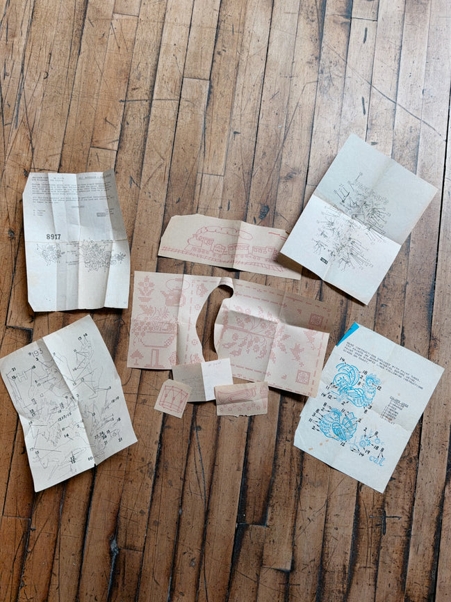 Vintage Embroidery Pattern Lot: Cross Stitch Transfers, Tri-Chem Liquid Embroidery Charts, Fisherman's Crying Towel & Hunter Charts, Sold as a Set