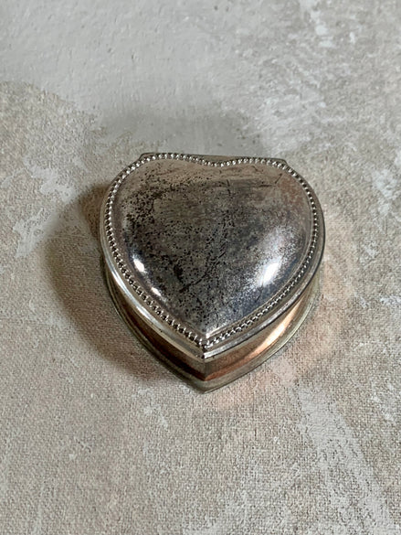 Silver plate heart trinket box open showing pink velvet interior and mirror — 1960s–1980s boudoir piece