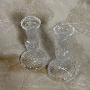 Pair of Waterford Crystal Alana taper candleholders showing diamond crosshatch cut pattern