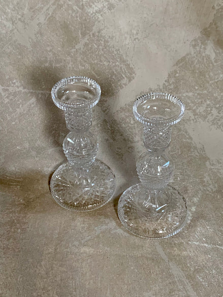 Pair of Waterford Crystal Alana taper candleholders showing diamond crosshatch cut pattern
