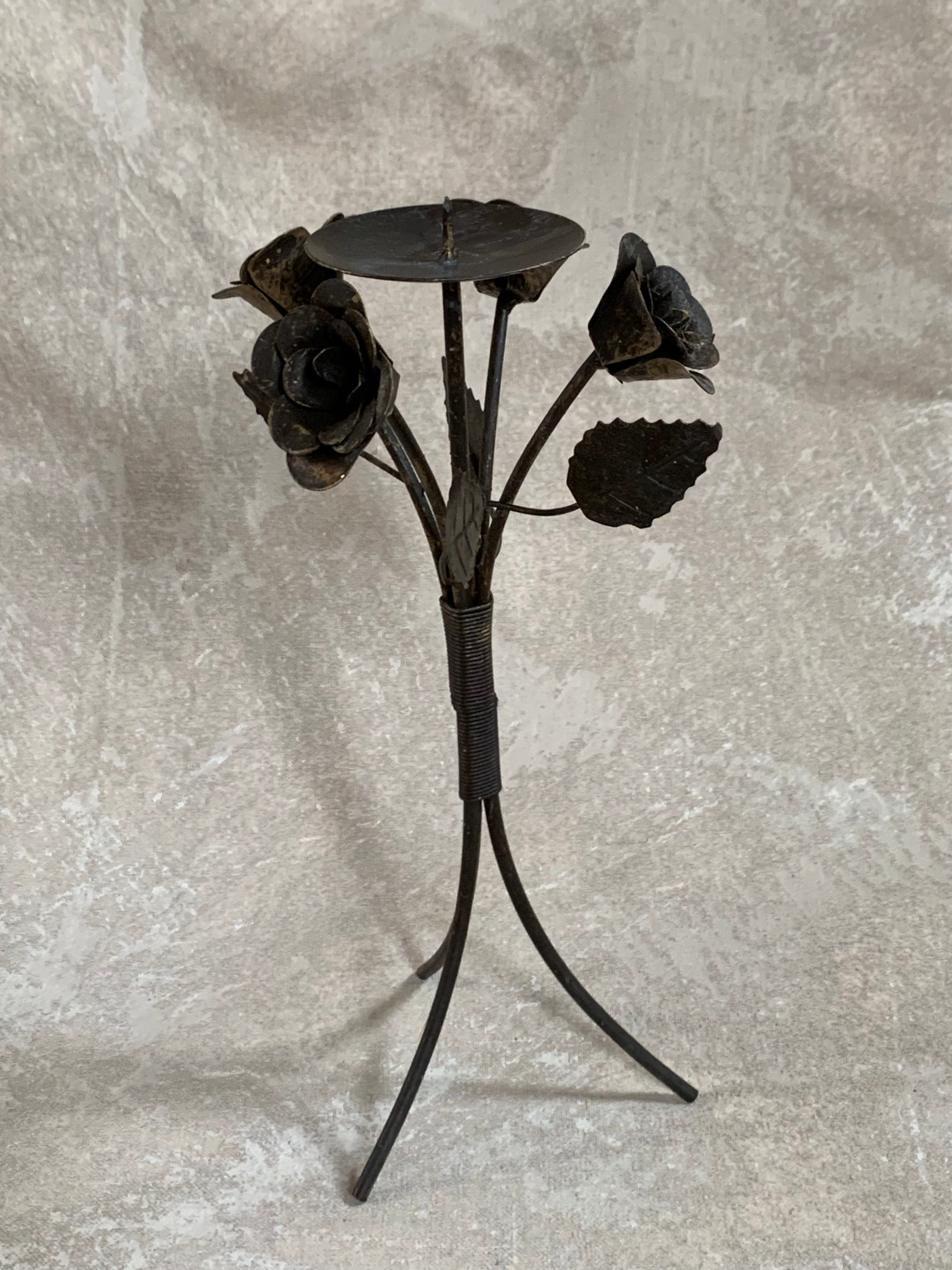 Hand-Fabricated Iron Rose Candleholder | Pillar Candle Spike | Tripod Bouquet Base | Wire-Wrapped Stem | Dark Patina | Folk Metalwork | Romantic Gothic Decor