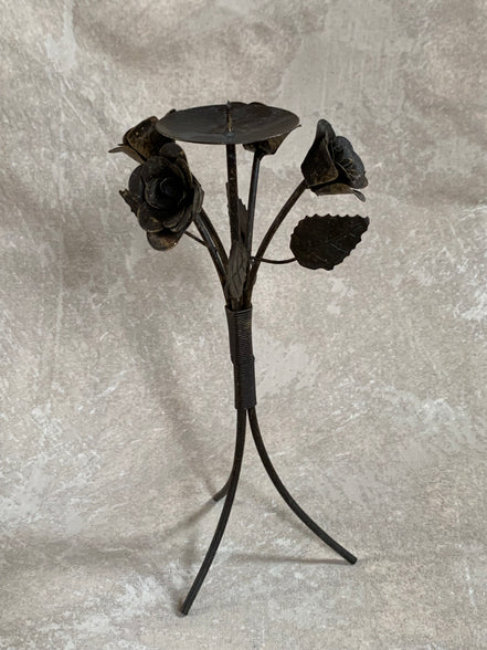 Hand-Fabricated Iron Rose Candleholder | Pillar Candle Spike | Tripod Bouquet Base | Wire-Wrapped Stem | Dark Patina | Folk Metalwork | Romantic Gothic Decor