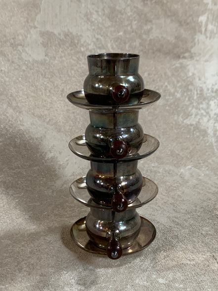 Set of Four French Silver-Plated Bouillon Cups with Wooden Handles and Saucers