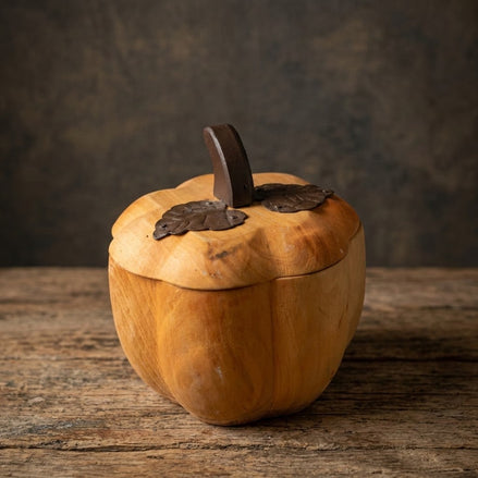 Hand-Carved Wooden Pumpkin Box with Lid, Metal Leaf Accent