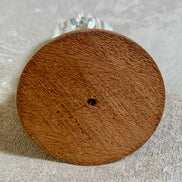 Scale reference of Mexican ceramic Fatima figurine on walnut base — 1950s religious folk art