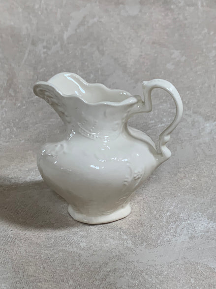 White Embossed Relief Pitcher | Victorian Ironstone Style | Scrollwork Beaded Collar | Ruffled Rim | Botanical Motif | Farmhouse White Decor | Unmarked Vintage