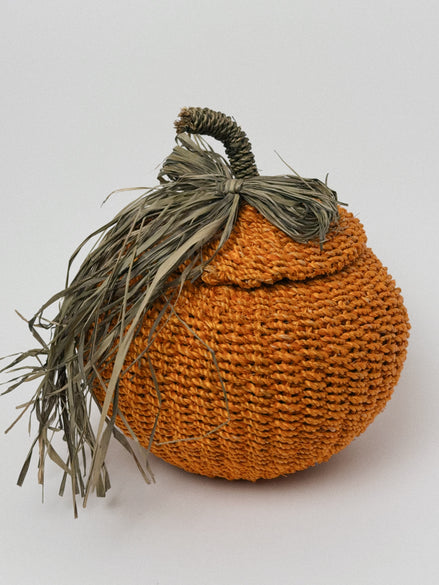 Woven Orange Pumpkin Basket with Lid, Raffia Bow