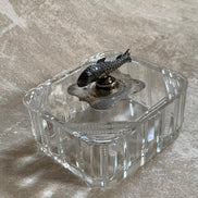 Victorian Pressed Glass Covered Box | Silver Plate Fish Finial Lid | Engraved Cartouche Mount | Octagonal Ribbed Body | circa 1880–1910 | Antique Tableware | Collector Glass