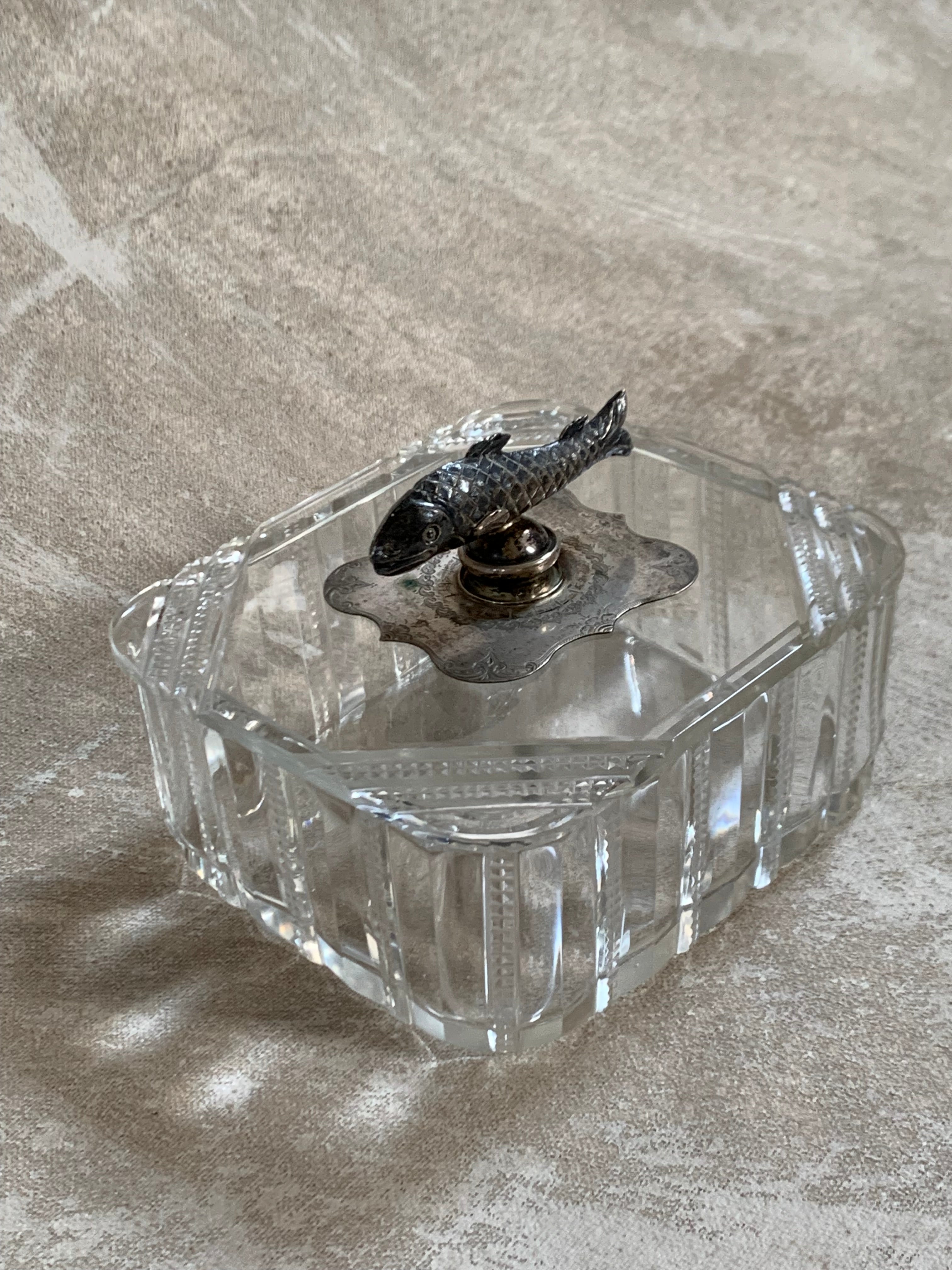 Victorian Pressed Glass Covered Box | Silver Plate Fish Finial Lid | Engraved Cartouche Mount | Octagonal Ribbed Body | circa 1880–1910 | Antique Tableware | Collector Glass