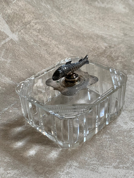 Victorian Pressed Glass Covered Box | Silver Plate Fish Finial Lid | Engraved Cartouche Mount | Octagonal Ribbed Body | circa 1880–1910 | Antique Tableware | Collector Glass