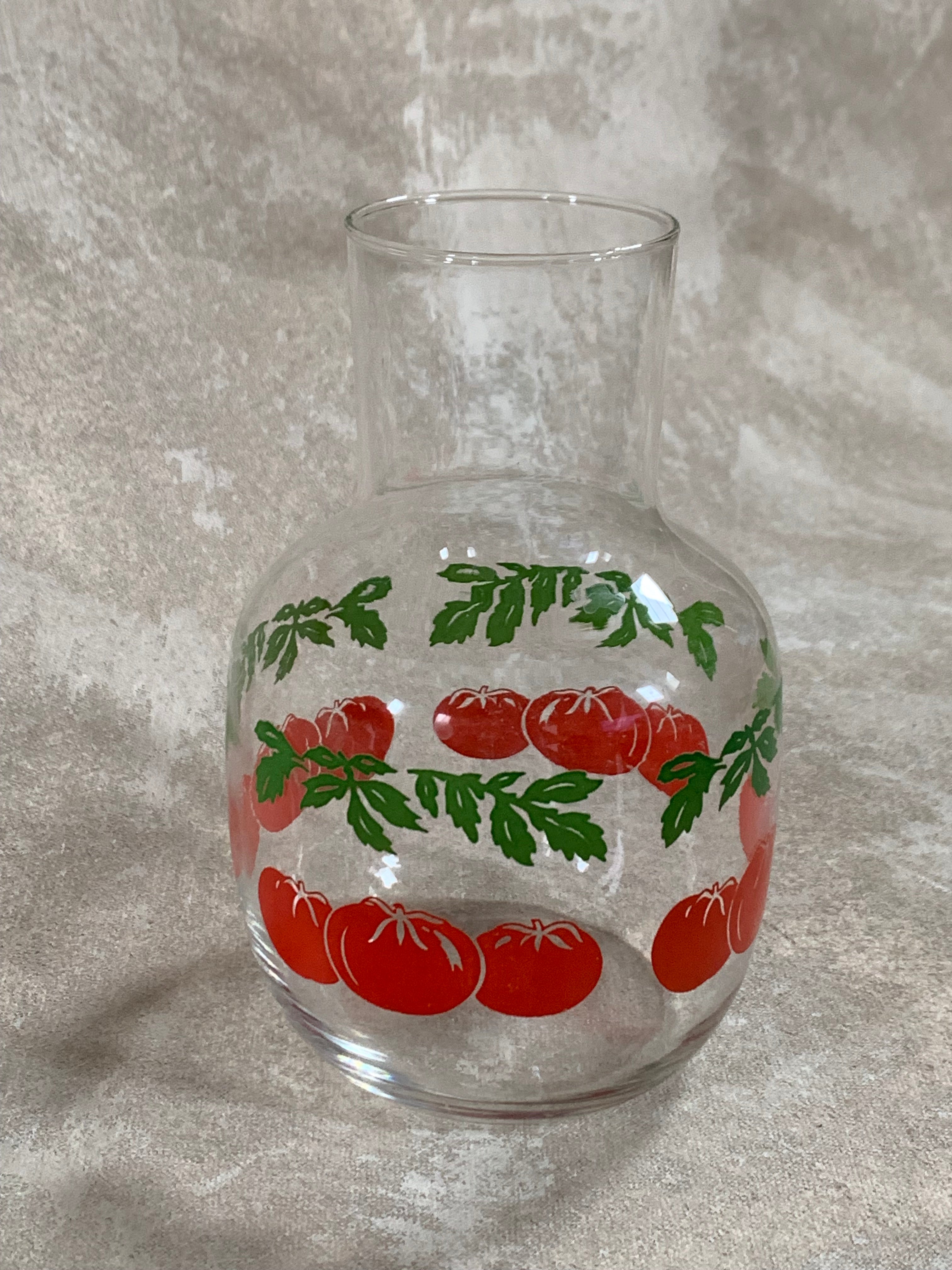 Mid-Century Clear Glass Tomato Carafe | Silk-Screened Decoration | c. 1950s–1960s