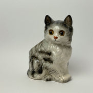 Vintage Ceramic Kitten Figurine with Glass Eyes, Gray and White