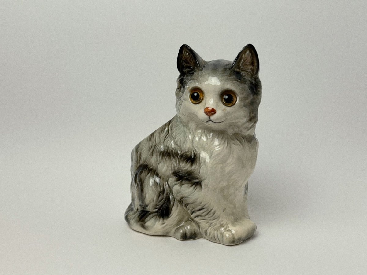 Vintage Ceramic Kitten Figurine with Glass Eyes, Gray and White