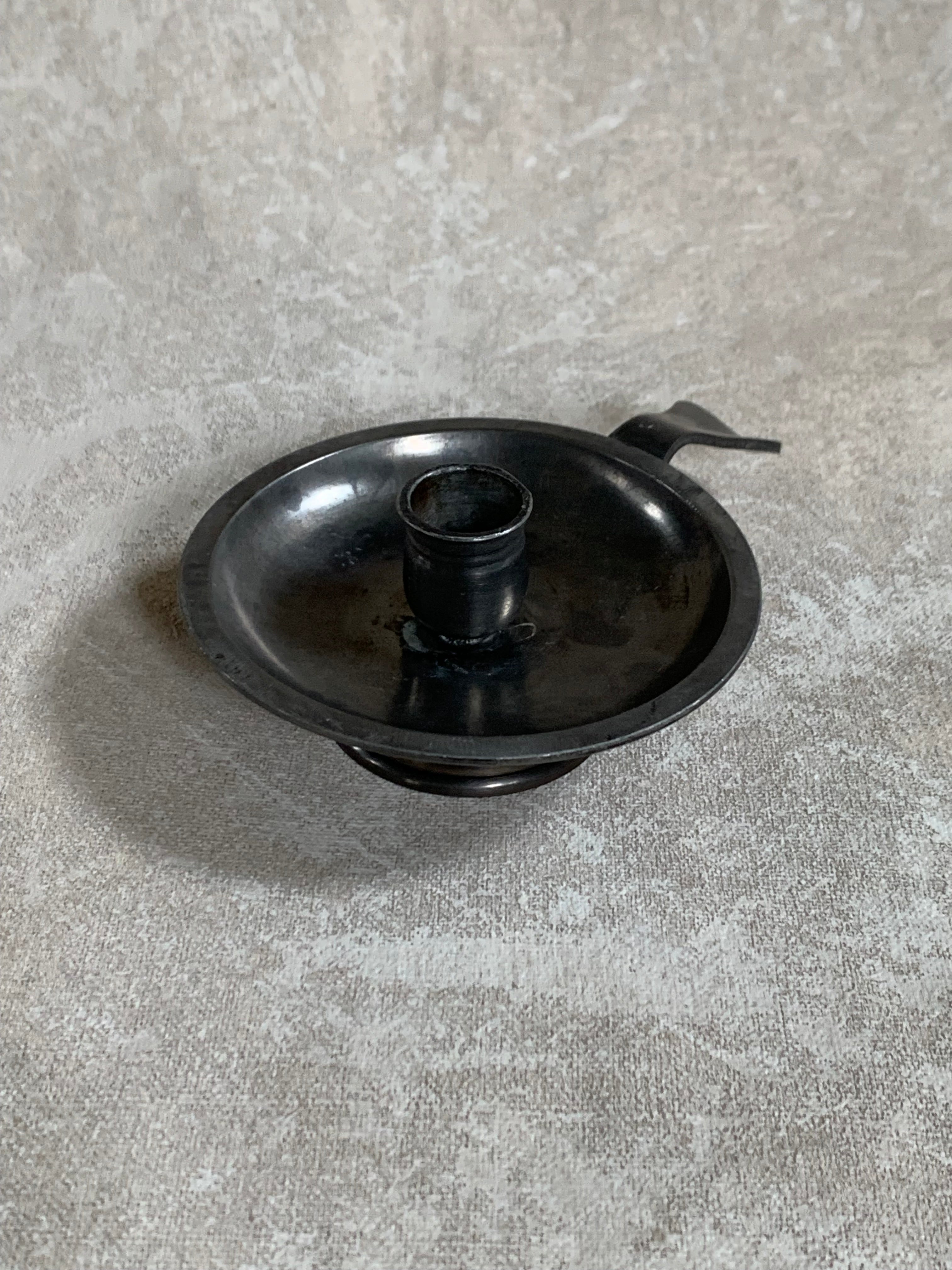 Antique Pewter Chamber Candlestick | Paddle Handle | Drip Tray | Struck Touch Mark | Taper Candle Holder | Colonial Style | American or English Pewter