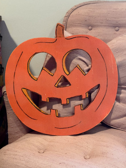 Handmade Wooden Jack-o'-Lantern Cutout, Hand-Painted Vintage Style