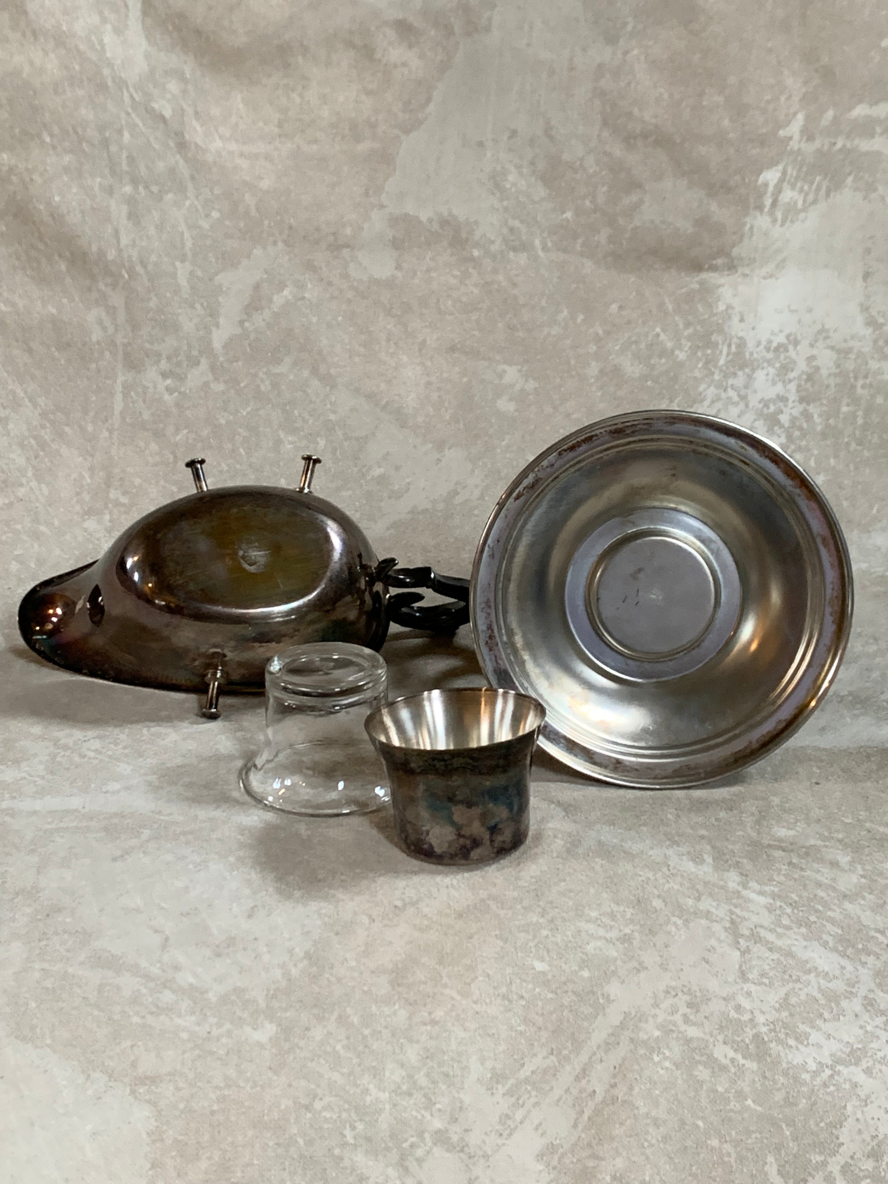 F.B. Rogers Silver Co. Gravy Boat on Rococo Warming Stand, Complete