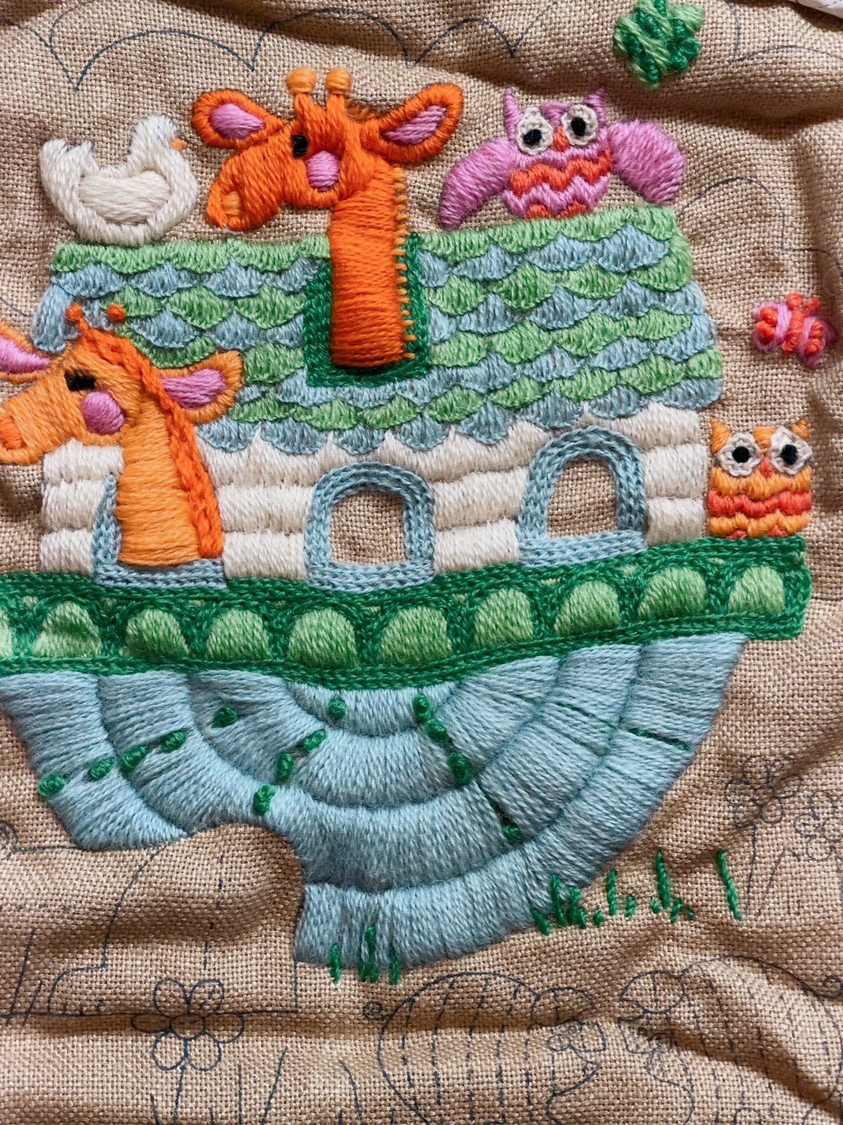 Vintage Avon Creative Needlecraft Crewel Embroidery Kits, Noah's Ark & Piglets and Posies, Started, Set of 2 with Hoops & Yarn
