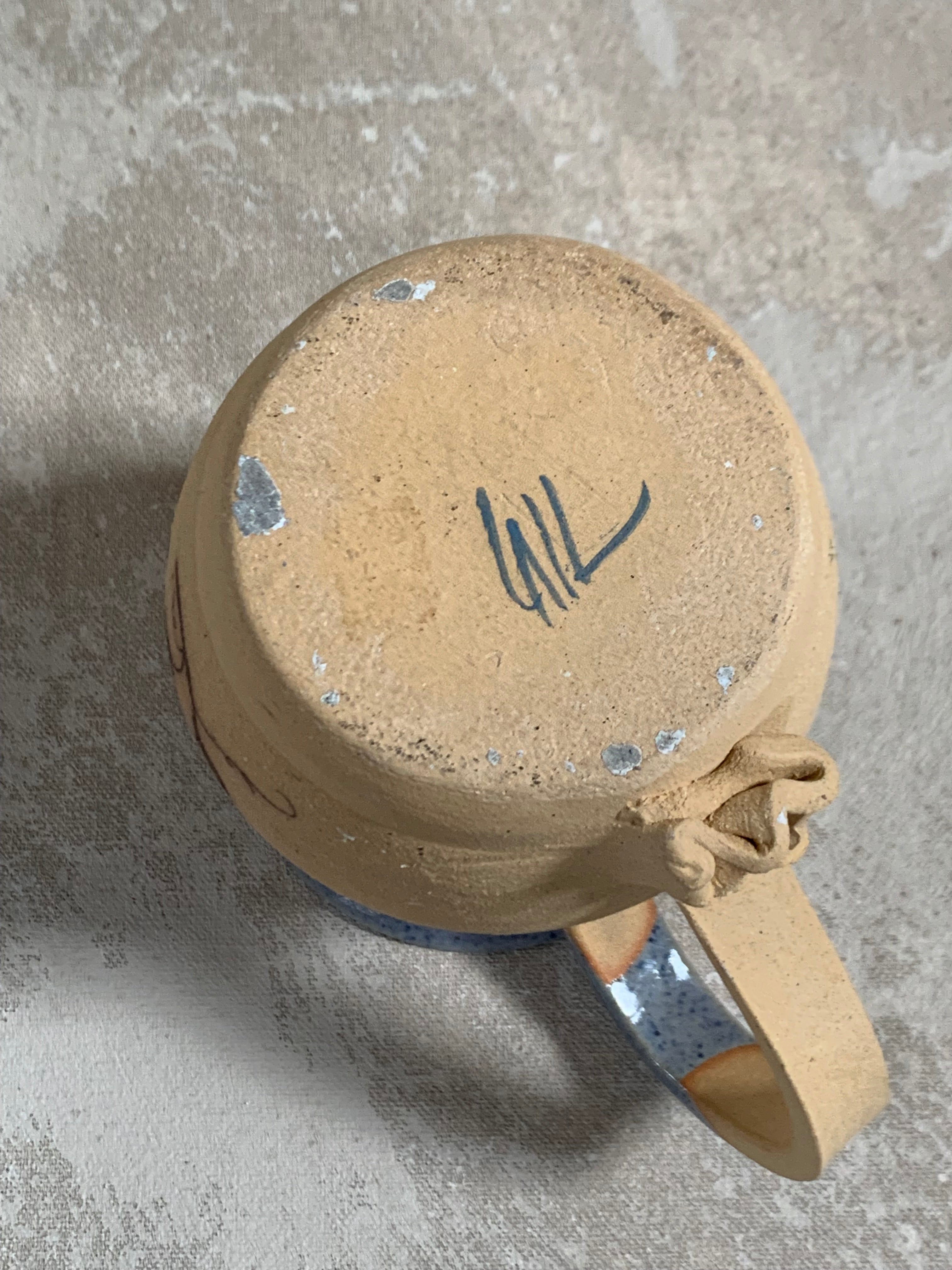Hand-Thrown Stoneware Pitcher | Cobalt Blue Folk Botanical | Ruffled Rim | American Studio Pottery | Buff Clay | Signed | 1970s–1990s Craft Revival