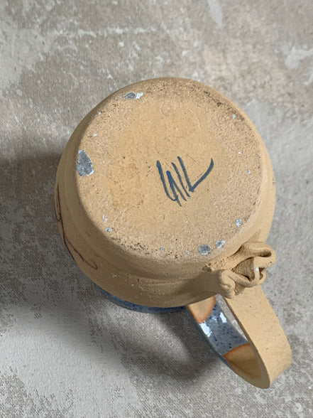 Hand-Thrown Stoneware Pitcher | Cobalt Blue Folk Botanical | Ruffled Rim | American Studio Pottery | Buff Clay | Signed | 1970s–1990s Craft Revival