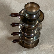 Set of Four French Silver-Plated Bouillon Cups with Wooden Handles and Saucers