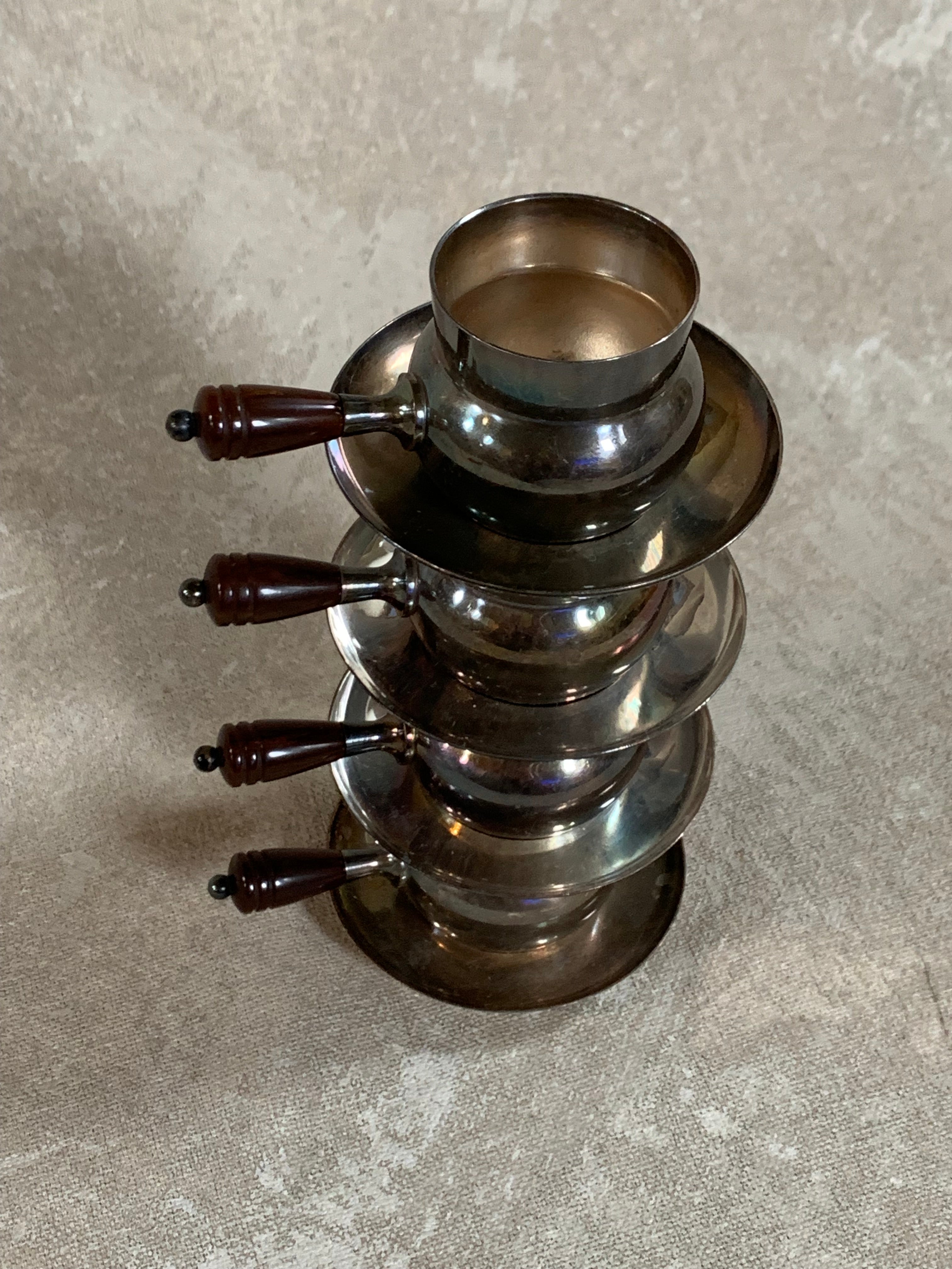 Set of Four French Silver-Plated Bouillon Cups with Wooden Handles and Saucers