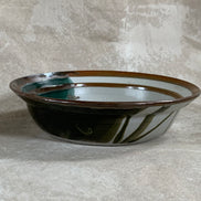 Apple Lane Pottery Bill Nagengast Serving Bowl | Wax Resist Botanical | Forest Green & Walnut | Original Bloomfield Hills Studio | July 1976 | Michigan Studio Porcelain