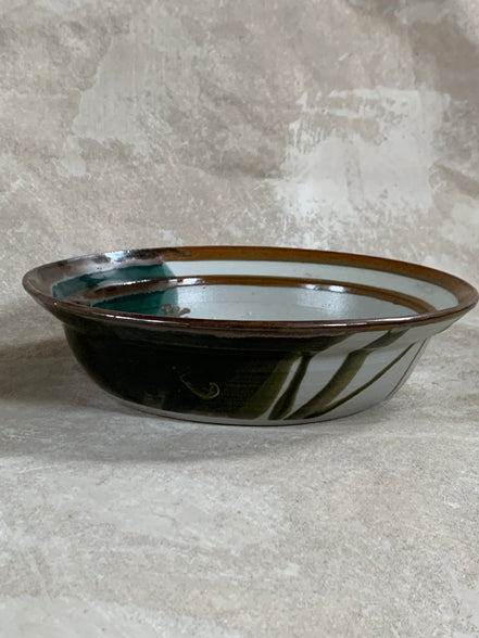 Apple Lane Pottery Bill Nagengast Serving Bowl | Wax Resist Botanical | Forest Green & Walnut | Original Bloomfield Hills Studio | July 1976 | Michigan Studio Porcelain