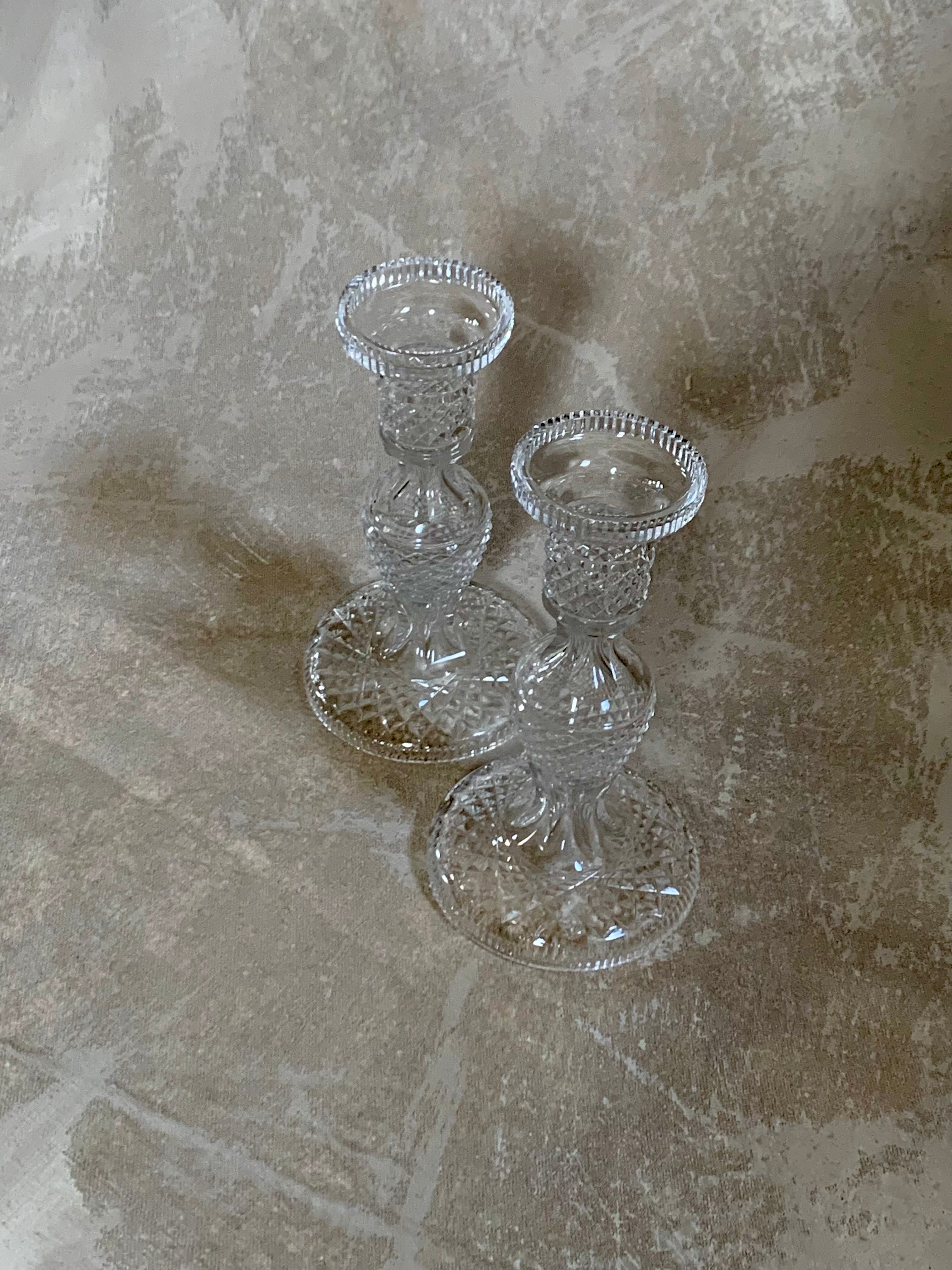 Close detail of acid-etched Waterford mark on Alana pattern candlestick base — Made in Ireland