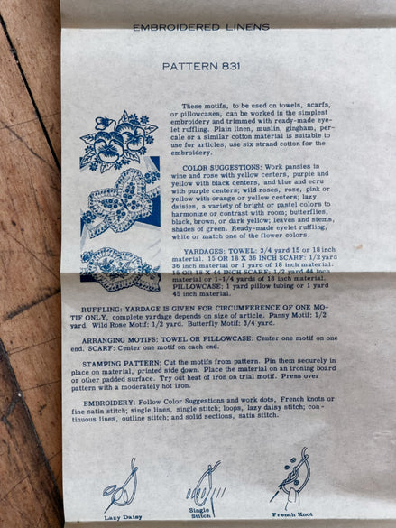 Vintage Hot Iron Transfer Pattern 831 "Embroidered Linens," Pansy, Wild Rose & Butterfly Motifs for Pillowcases, Towels & Scarves, Uncut