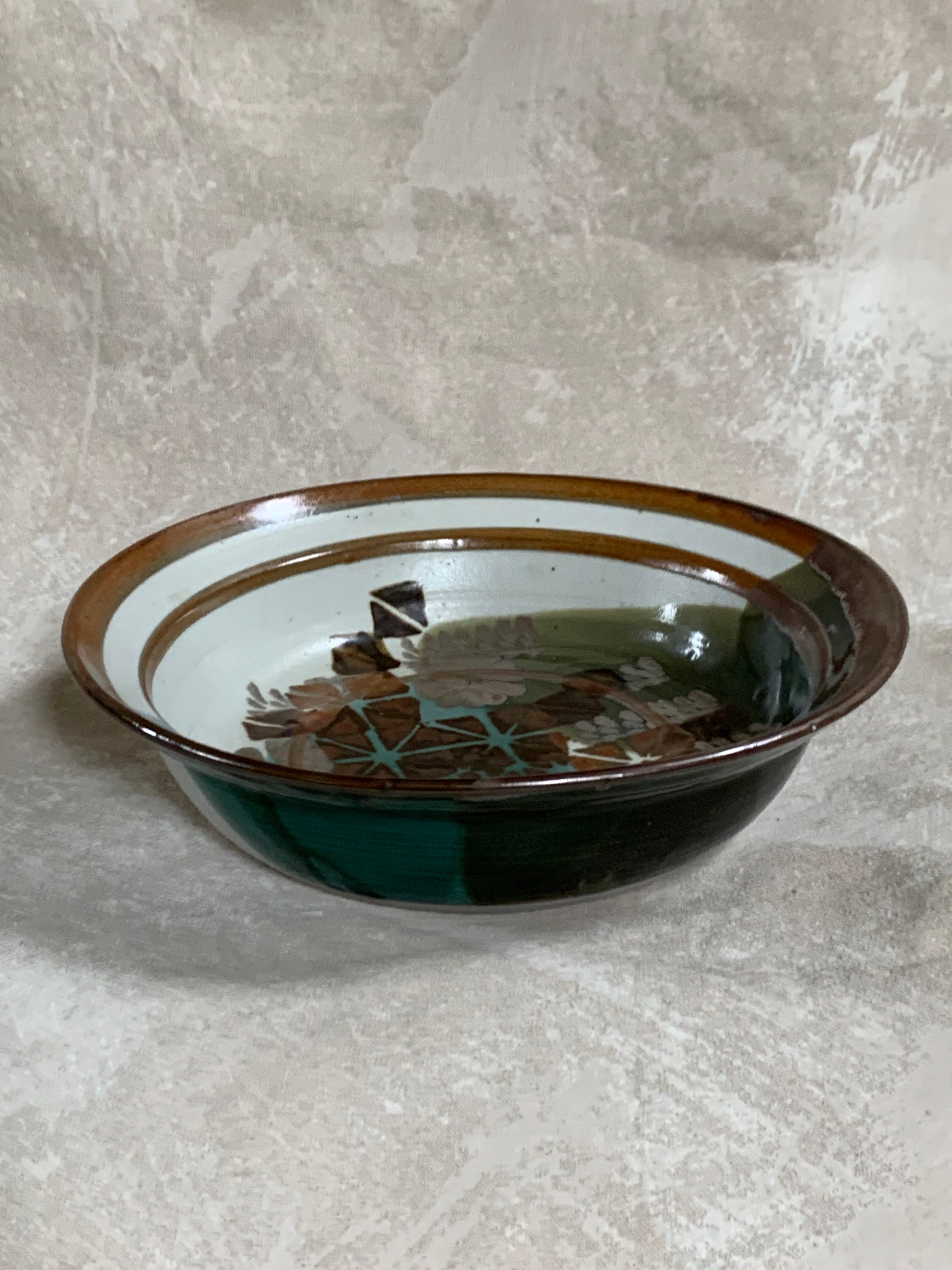 Apple Lane Pottery Bill Nagengast Serving Bowl | Wax Resist Botanical | Forest Green & Walnut | Original Bloomfield Hills Studio | July 1976 | Michigan Studio Porcelain