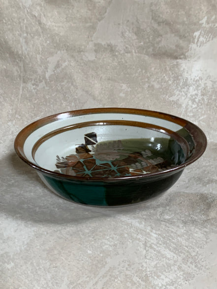 Apple Lane Pottery Bill Nagengast Serving Bowl | Wax Resist Botanical | Forest Green & Walnut | Original Bloomfield Hills Studio | July 1976 | Michigan Studio Porcelain