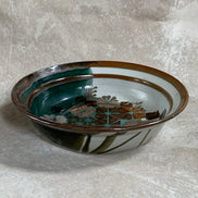 Apple Lane Pottery Bill Nagengast Serving Bowl | Wax Resist Botanical | Forest Green & Walnut | Original Bloomfield Hills Studio | July 1976 | Michigan Studio Porcelain