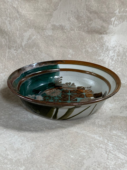 Apple Lane Pottery Bill Nagengast Serving Bowl | Wax Resist Botanical | Forest Green & Walnut | Original Bloomfield Hills Studio | July 1976 | Michigan Studio Porcelain