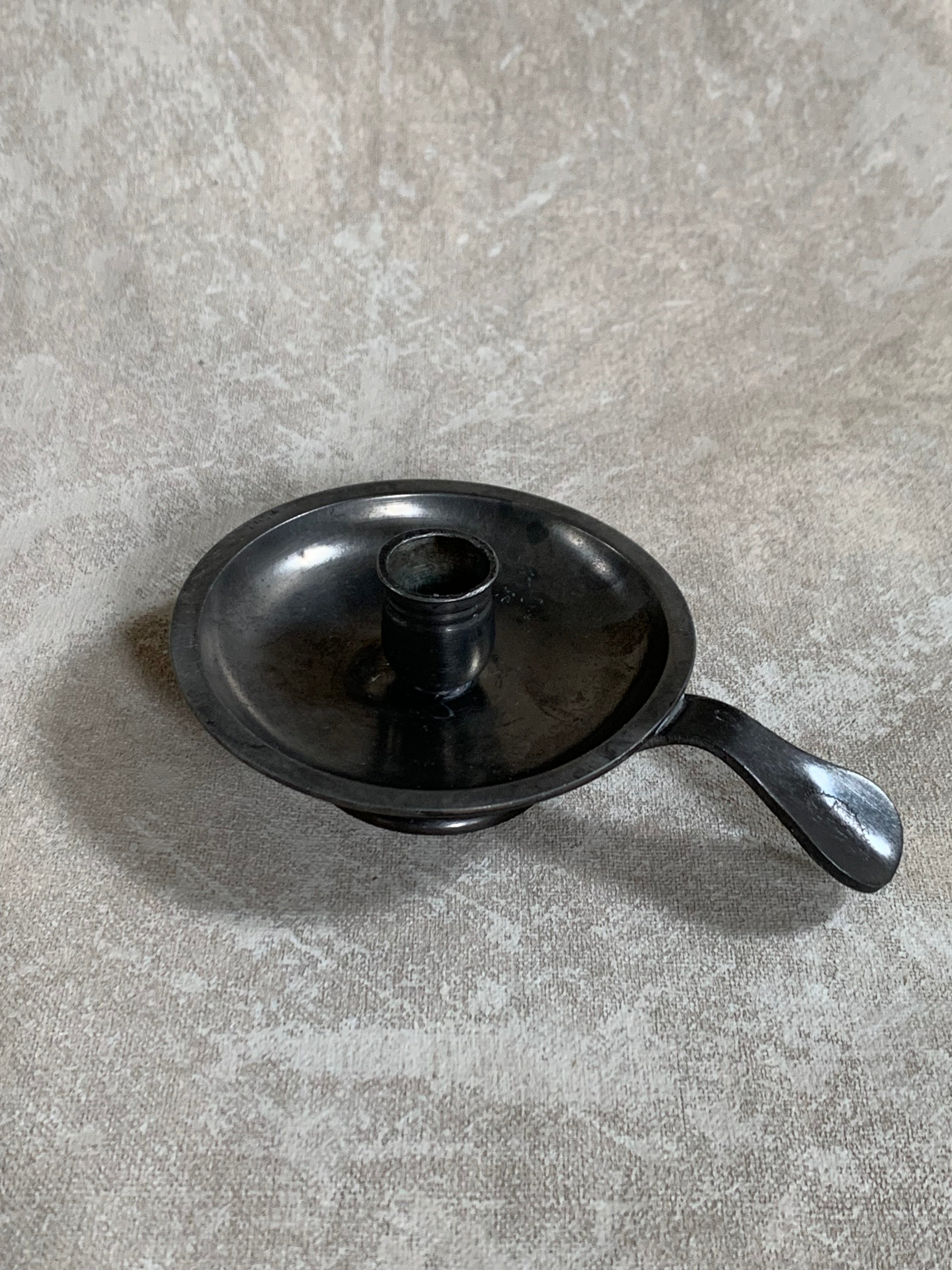Antique Pewter Chamber Candlestick | Paddle Handle | Drip Tray | Struck Touch Mark | Taper Candle Holder | Colonial Style | American or English Pewter