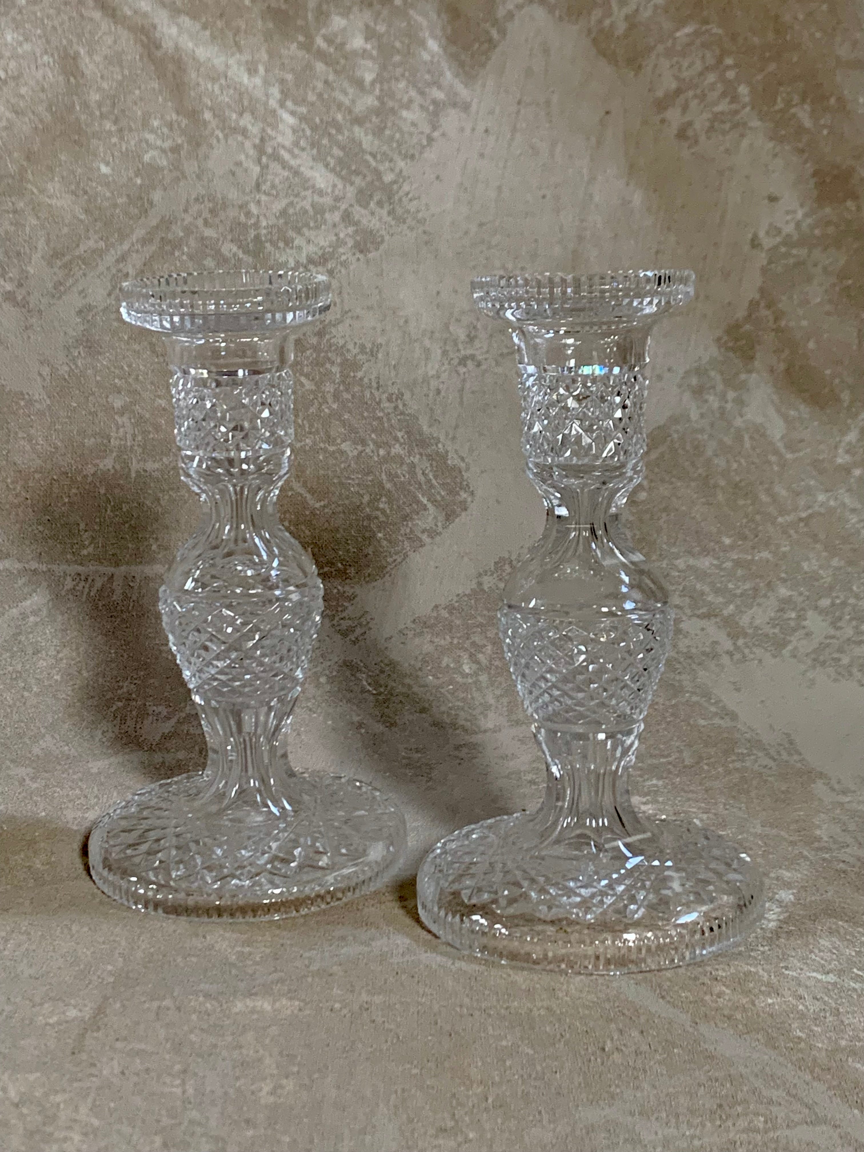 Waterford Crystal Alana pattern candlestick pair — acid-etched mark, Made in Ireland, 1952+