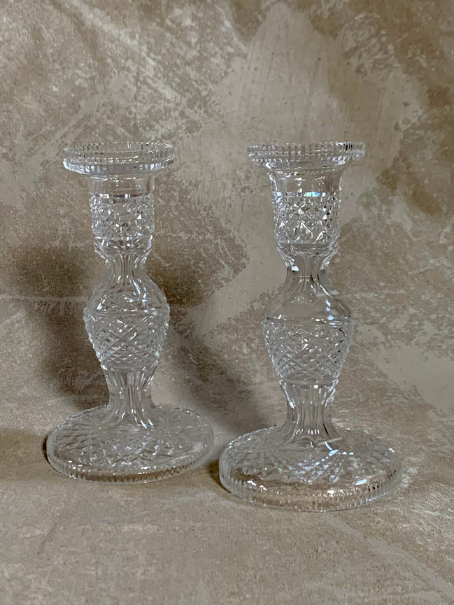 Waterford Crystal Alana pattern candlestick pair — acid-etched mark, Made in Ireland, 1952+