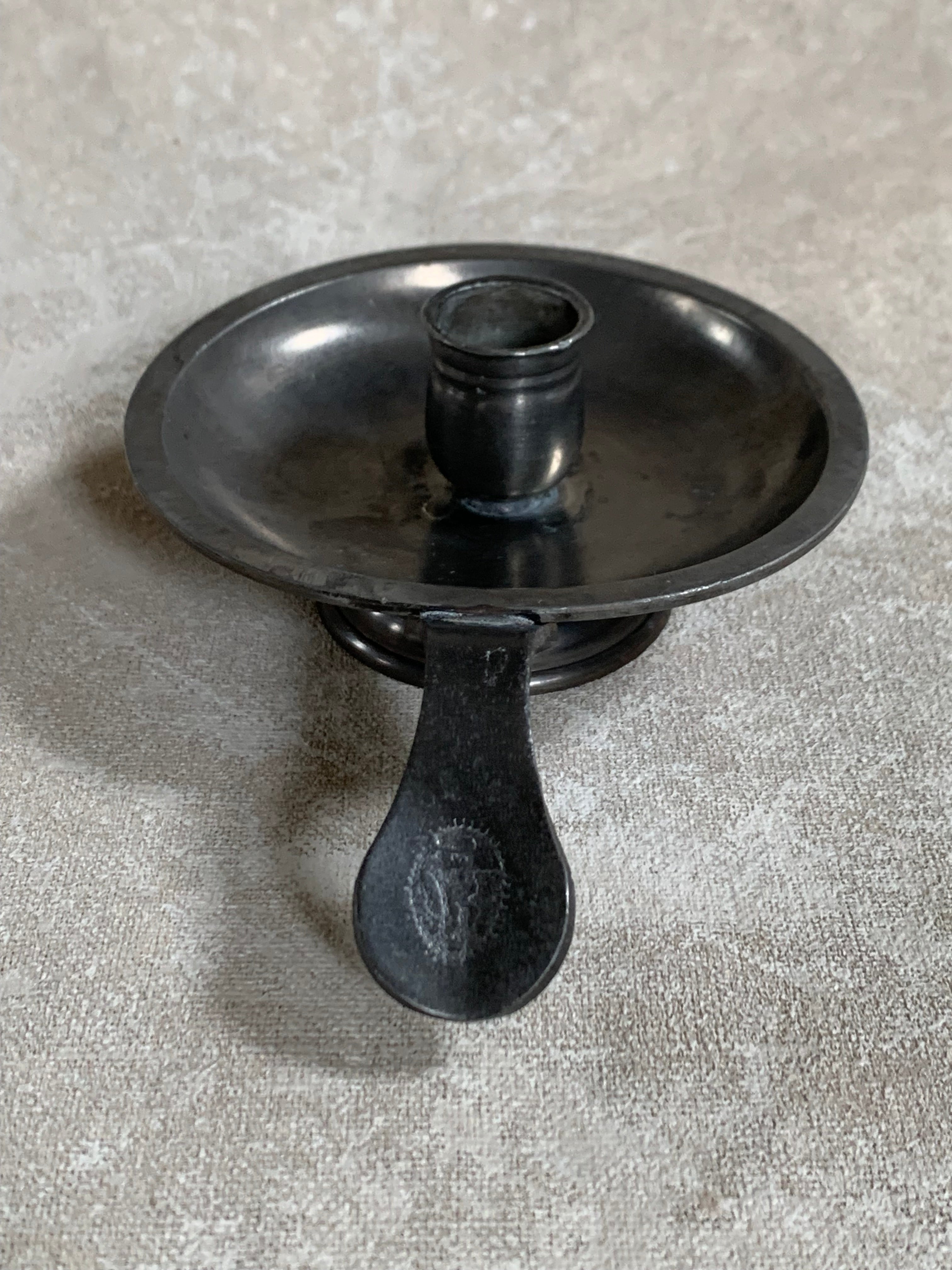 Antique Pewter Chamber Candlestick | Paddle Handle | Drip Tray | Struck Touch Mark | Taper Candle Holder | Colonial Style | American or English Pewter