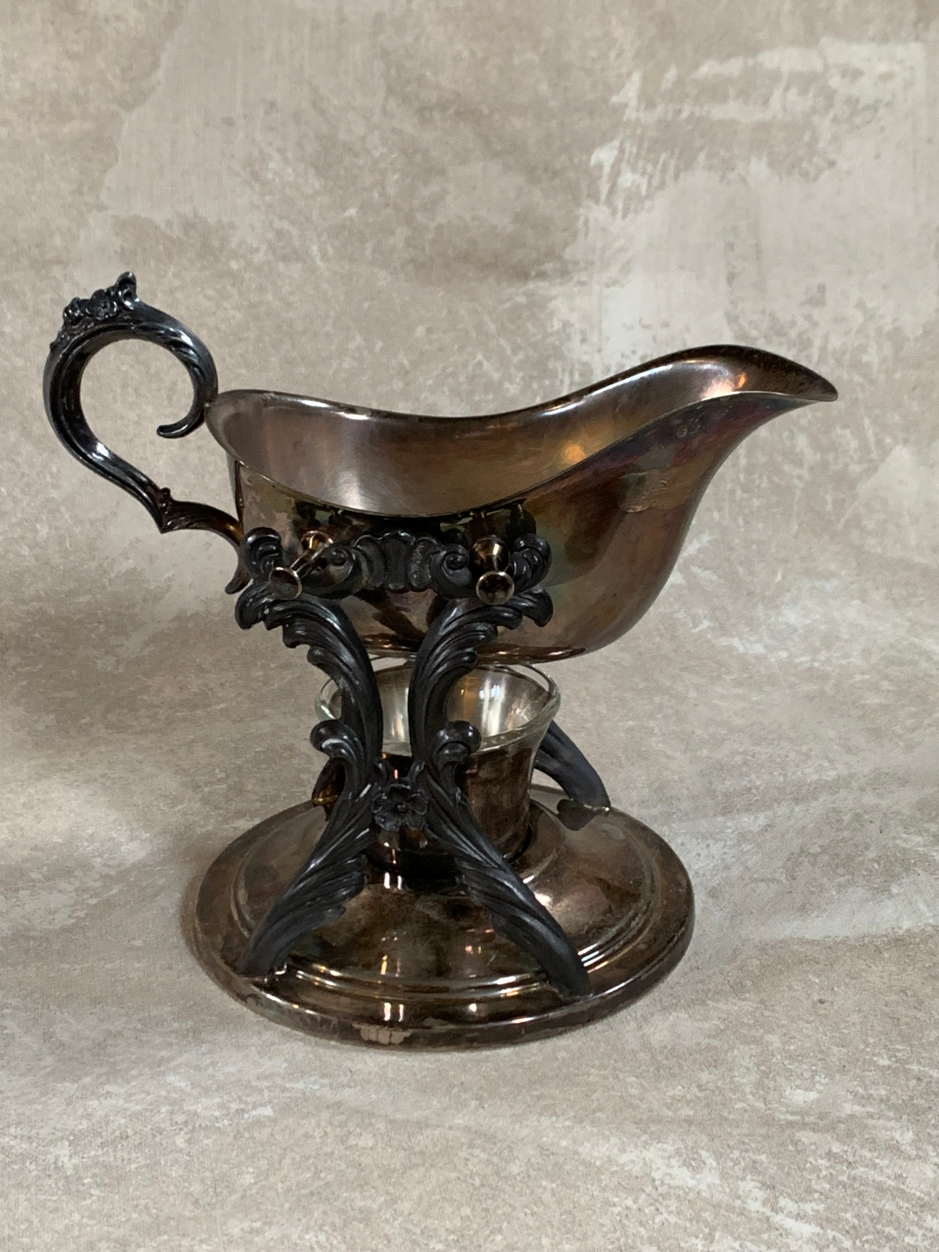 F.B. Rogers Silver Co. Gravy Boat on Rococo Warming Stand, Complete