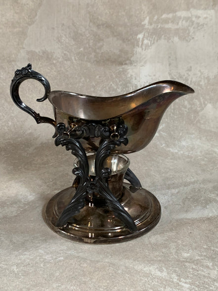 F.B. Rogers Silver Co. Gravy Boat on Rococo Warming Stand, Complete