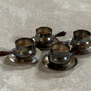 Set of Four French Silver-Plated Bouillon Cups with Wooden Handles and Saucers