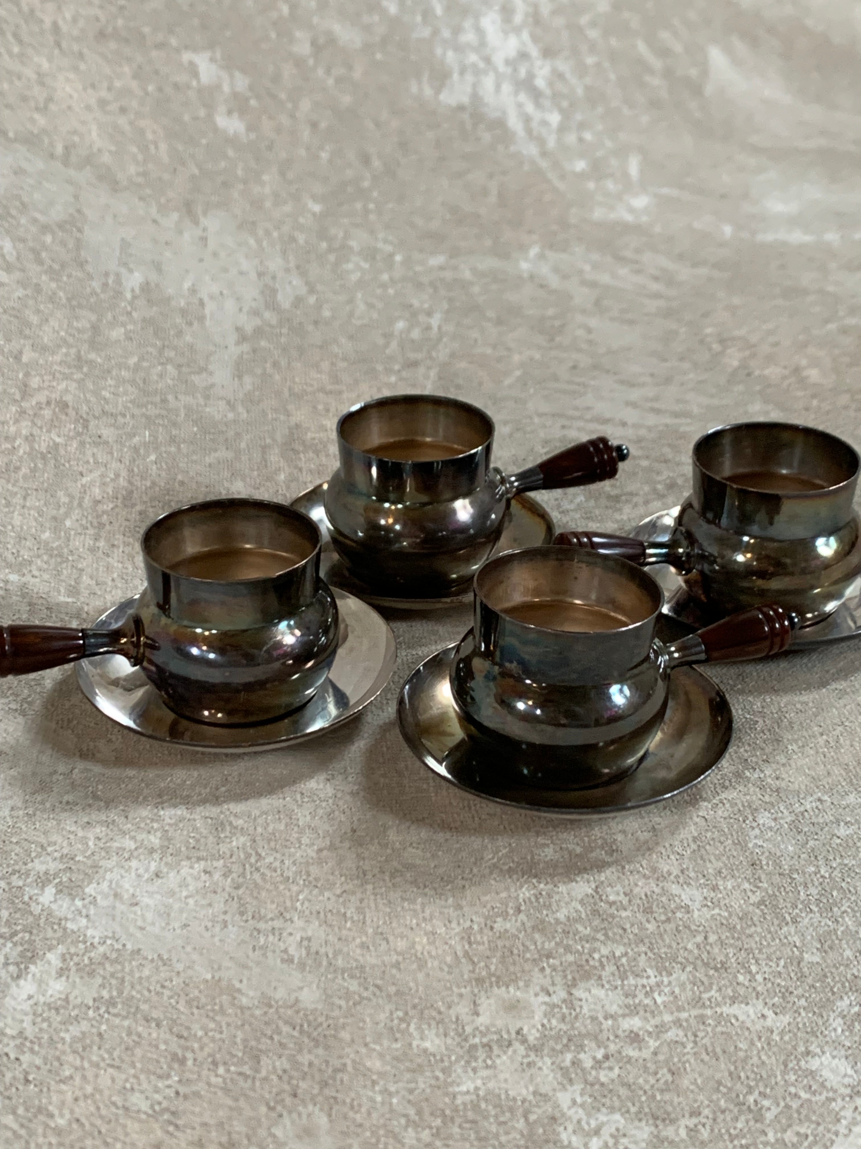 Set of Four French Silver-Plated Bouillon Cups with Wooden Handles and Saucers