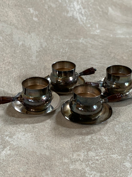 Set of Four French Silver-Plated Bouillon Cups with Wooden Handles and Saucers