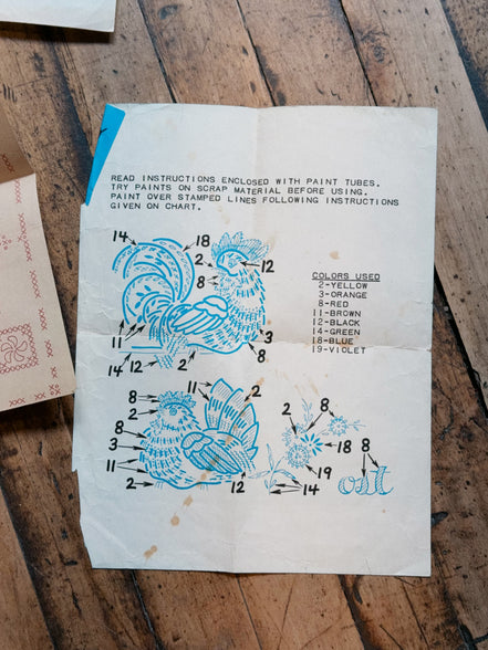 Vintage Embroidery Pattern Lot: Cross Stitch Transfers, Tri-Chem Liquid Embroidery Charts, Fisherman's Crying Towel & Hunter Charts, Sold as a Set