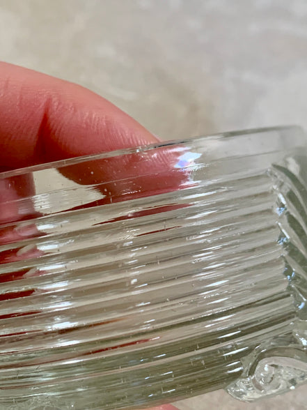 Scale reference of Art Deco pressed glass powder jar — vanity dresser box, 1925–1935