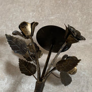 Hand-Fabricated Iron Rose Candleholder | Pillar Candle Spike | Tripod Bouquet Base | Wire-Wrapped Stem | Dark Patina | Folk Metalwork | Romantic Gothic Decor