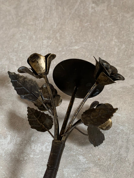 Hand-Fabricated Iron Rose Candleholder | Pillar Candle Spike | Tripod Bouquet Base | Wire-Wrapped Stem | Dark Patina | Folk Metalwork | Romantic Gothic Decor