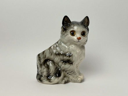 Vintage Ceramic Kitten Figurine with Glass Eyes, Gray and White